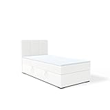FEDVE Boxspringbett 90x200 Weiß Öko-Leder – Gandia Mini – Praktisches Bett mit Bettkasten Rechts – Gemütlich Kopfteil Bett mit Matratze – Einzelbett zum S
