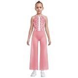 Loodgao Mädchen Neckholder Jumpsuit Ärmellos Overall Ballett Tanz Leotard Gymnastik Turn Eiskunstlauf Trikot aus Tank Top und Lange Weite Hose Einteiler Tanzbekleidung Rosa 158-164