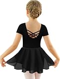 Mulnall Ballettkleid Mädchen Ballett Kleid Kurzarm Langarm Criss Cross Baumwolle Balletttrikot Gymnastik Kinder Tanzbody mit Rock Tütü Kostüm Tanzbekleidung 2-12 Jahre(2140-06-XXL)