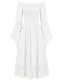 SCARLET DARKNESS Renaissance Medieval Dress Damen Maxi Lange Glockenärmel Schulterfreies Kleid Weiß L