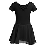 DGSHIRLDJO Kinder Ballettkleidung Mädchen Kurzarm Baumwolle Ballettkleid Balletttrikot Tanzkleid Tanzbody mit Chiffon Rock Tütü (DE/NL/SE/PL, Numerisch, 140, Regular,schwarz)