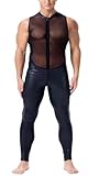 AIEOE Herren Lackleder Catsuit mit Netz-Einsatz Durchsichtige Jumpsuit Kunstleder Overall Anzug Schwarz 05 Größe L