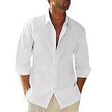 Friptspyg Leinenhemd Herren Langarm Baumwolle Leinen Hemd Herren Freizeithemden Casual Regular Fit Sommerhemd mit Tasche, Weiß M