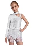 Miaeowve Lateinamerikanische Tanzkleider Mädchen Pailletten Glitzer Turnierkleid EIN Schulter Trainingskleid Quasten Modern Jazz Dance Outfit Silber 158-164