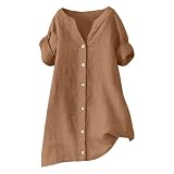 Longbluse Damen Kurzarm - V Ausschnitt Leinenbluse Sommer Baumwolle Leinen Musselin Bluse Elegant Locker Oberteile Lang Tunika Hemd Blusenshirt Übergröße Hemdbluse Mode Longshirt Lang
