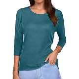 Foweknow Tshirt Damen 3/4 Arm Shirt U-Boot Ausschnitt Basic Oberteile Lässig Longshirt Tops Casual Einfarbige Tunika Festlich Klassische Loungewear Stretch Herbst Winter U