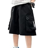 Sporthose Kurz Jungen 128 Jungen 2025 Neue Cargo-Shorts Leichte, atmungsaktive Sommer-Freizeithose mit Taschen, elastischem Bund und verstellbaren Trägern für Kleinkinder und Kinder (Black, 7-8 Years)