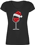 T-Shirt Damen V Ausschnitt - Weihnachten Geschenke Christmas Bekleidung - Weinglas mit Weihnachtsmütze - 3XL - Schwarz - Wein Tshirt Frau weihnachtst-Shirt Frauen Chrismas Outfit - XO1525