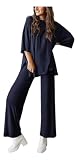 Peshoriadm Lässiges 2-teiliges Set mit kurzen Ärmeln und Hose mit weitem Bein und Taschen für den täglichen Gebrauch, marineblau, XXL