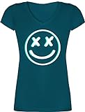 T-Shirt Damen V Ausschnitt - Nerd Geschenke - Cooles Glitch Smiley Face - XL - Türkis - zocker t Shirt Gamer Shirts nerdgeschenk zocken nerdige Geek Nerds Geeks - XO1525