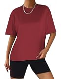 Zeagoo Damen Shirt Halbarm Basic Rundhals Sommer Oberteil Casual Einfarbig Sport Tshirt Baumwolle Square Naht Locker Yoga Tops Rot S