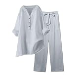 Musselin Set Damen Hosenanzug Sommer Baumwolle Zweiteiler Leinen Kurzarm Top und Lang Weit Bein Hose Set Musselin Leinenanzug Große Größen Leinen Set Einfarbig Freizeitanzug 2 Teiler S