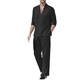 2-teiliges Herren-Set Baumwollleinen, langärmliges -Hemd, lässige Strandhose mit Taschen, Yoga-Outfits Gruppenführer Weste Blau Holder W