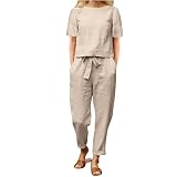 EMATOP coupons amazon angebote Leinen Zweiteiler Damen Sommer Casual Hosenanzug 2 Teiler Kurzarm Tshirt und Lang Hose Freizeitanzug Leicht Einfarbig Sportanzug mit Taschen Tracksuit Work