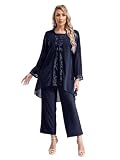 winying Damen 3tlg Anzug Set Festlich Hosenanzüge Kurzarm Shirts + Langarm Cardigen + Lange Hose Weites Bein Cocktail Party Abendanzug Navy blau 3XL