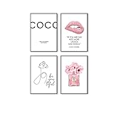 Postertech® Premium Poster Set | 4 Bilder als stilvolle Wanddeko | 4X DIN A4 | Girly Set Coco Lippe Bücher in weiss rosa pink (Ohne Bilderrahmen)