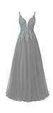 HUINI Ballkleid Damen Lang Elegant Abendkleid Hochzeit Brautjungfernkleid Cocktailkleider Tüll Glitzer Promkleider V-Ausschnitt Silber-grau 46