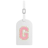 Fodofodo Initial Luggage Tag,Letter Luggage Tag,PU Leather Luggage Tags for Travel Bag Suitcases,Privacy Cover ID Label and Address Card(G,White Leather+Pink Letter)