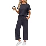 Topassion Zweiteiler Damen Ärmellose/Kurzarm Hosen Mit Weites Bein Hosenanzug 2 Teilig Leicht Tshirt Und Hose Elegant Sommeranzug Casual Sommer Outfits Bequem Jogginganzug Business Anzug(Navy,S)