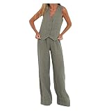 Battnot Hosenanzug Damen Zweiteiliger Anzug Set Elegant V-Ausschnitt Ärmellos Weste und Hose 2 Stück Casual Leinen Outfit Sets Leinenanzug Damen Sommer Tshirt Top und Weite Beine Hose Freizeitanzug