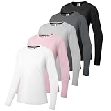 5er-Pack Damen Baumwolle Langarm T-Shirts Rundhalsshirt Classic-Fit Hemd Weiche Atmungsaktive Casual Tee Mode Basic Tops Schwarz/Dunkelgrau/Grau/Rosa/Weiß-5P02-M