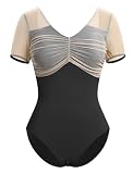 IWEMEK Ballett Trikot Damen Mesh Kurzarm Ballettanzug Gymnastik Ballettbody V-Ausschnitt Bodysuit Body Sport Gymnastik Turnanzug Top Kost�m schwarz S