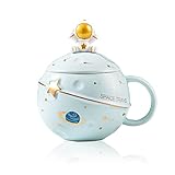 Kawaii Astronaut Tasse Planet Tasse mit Weltraum Prägung Süße Kaffeetasse aus Keramik Neuheit Becher mit Deckel und Löffel für Kaffee, Tee und Milch Lustiges Geschenk Geburtstag (Blau)