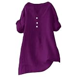 Elegante T-Shirts für Damen, Curvy, Damenhemd aus Baumwolle mit Knöpfen, lässiges weißes Oberteil, lockere Blusen und Hemden, einfarbige Hemden, Basic-T-Shirts, modisch zu tragen, violett, X-Larg