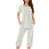 Keepink Damen-Pyjama-Set, Rundhalsausschnitt, Knopfleiste, kurzärmelig, Oberteil und weites Bein, Caprihose mit Taschen, Nachtwäsche, Baumwolle, Nachtwäsche, lässig, 2-teiliges Outfit,