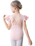 Aiseyi Ballettkleidung Mädchen Ballett Trikot Kinder Rüsche Kurzarm Turnanzug Baumwolle TanzBody Ballettanzug mit Kreuzrücken Rosa 130