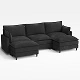 APICIZON Sofa mit Schlaffunktion, Cloud Couch, Sofa U Form, Wohnzimmer Modulares Sofa, mit 2 Ottomane, Seitliche Magazin-Aufbewahrungstasche, Schw