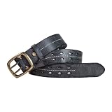 Vollnarbiger, gesteppter Ledergürtel mit Doppelzinken, Löchern, Retro-Vintage-Hüftgurt mit Used-Look-Textur für Damen und Herren (Schwarz 105 cm/Taille: 35)