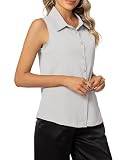 YOUNIFIZ Damen Ärmelloses Button-Down-Shirt mit V-Ausschnitt, Kragen, Bluse, Hemden, Tops, einfarbig, lässig, Sommer, Arbeit, Tunika, Top, 03~Grau, L