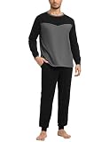 Marvmys Schlafanzug Herren Lang Baumwolle Winter Sleepwear Pyjamaset Schlafanzüge Langarm Shirt mit Bündchen Pyjamahose mit Tasche und Bündchen B-dunkelgrau L