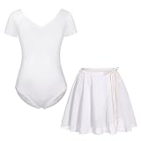 FONLAM Mädchen Ballettkleid Balletttrikot Kurzarm Tanzkleid Tanzbody Turnanzug Ballettrock Tutu Kinder Ballettanzug Baumwolle (7-8 Jahre, Weiß)