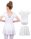 MYSSUCI Ballettkleidung Mädchen Ballettkleid Kinder Kurzarm Baumwolle Ballettanzug Tanzbody Tanzkleid mit Chiffon Rock Tütü 3-11Jahre (Weiß, 120)