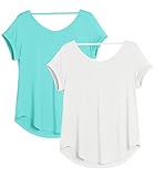 icyzone Damen Rückenfrei Yoga T-Shirt Kurzarm Sport Freizeit Tops Lose V-Ausschnitt Shirt, 2er Pack (L, Hellblau/Weiß)