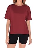 Zeagoo T-Shirt Damen Halbarm Rundhals Sommer Oberteil Einfarbig Lose Sport Tshirt Square Naht Überschnittene Schultern Basic Tops Rot XL