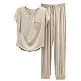 Keepink 2-teiliges Pyjama-Set für Damen, kurzärmelig, Lounge-Set, einfarbig, weiche Baumwolle, Modal, Pyjama, Outfits, V-Ausschnitt, Tops und Hosen, Nachtwäsche, Sommer-Nachtwäsche,
