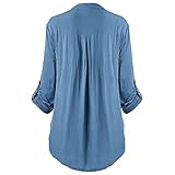Keepink Lässige lose Damen-T-Shirts Tops – Damen große Größe Knopf Spitze V-Ausschnitt Rollbar Langarm Shirt Dressy Bluse Verkauf Herbst Basic Solid Flowy Longline Tops UK Size, 098 Blau, M