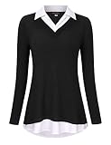 KOJOOIN Damen Bluse Oberteil mit Hemdkragen Langarm Farbblock Hemdbluse V-Ausschnitt Hemd Schwarz 1 M