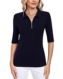 WOWENY Damen Halbarm Shirt Poloshirt Damen 1/4 Zip Pullover Elegant Einfarbig Oberteil Basic Shirts Casual Bluse Dunkel Blau XL