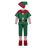 MJGkhiy Weihnachtself Kostüm Damen Herren Kinder Kleid Weihnachtsmann Kleid Weihnachten Kostüme Karneval Familie Party Kleid Elfe Hut Elfe Überschuhe Elfe Strumpfhose gestreifte Party Cosplay,