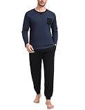 Marvmys Herren Pyjama Lang Baumwolle Schlafanzug Rundhals Winter Pyjamaset Schlafanzüge Männer Langarm Shirt mit Brusttasche Pyjamahose mit Tasche und Bündchen Navy blau XL