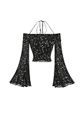 GORGLITTER Damen Crop Oberteile Langarmshirts Schulterfreies Oberteil Neckholder Top Glitzer Oberteil mit Volant Ärmeln Schwarz XS