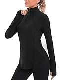 Crewhpo Sportshirt Damen Langarm 1/4 Reißverschluss Funktionsshirt Sport Oberteil UPF 50+ T-Shirt Langarmshirt mit Daumenloch Leicht Atmungsaktiv L