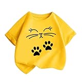 KODMNSW T-Shirt Mädchen T Shirt Kinder Tshirt Sommer Tops Baumwolle Kurzarm Oberteile Katze Druck Kurzärmelige Sport Top Klamotten Teenager 2-14 Jahre Alt Gelb 8 J