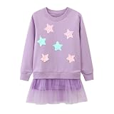Vckrio Mädchen Kleider Baby Lila Pailletten Glitzer Tütü Kleid Sterne Muster Baumwolle Pulloverkleid Langarm Tüll Strickkleid Kleinkind Rundhals Frühling Herbst Sportlich Freizeitkleid Gr.92-98