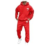 Sunfashion Jogginganzug Herren Winter Fleece Lässig, Einfarbig, Mit Kapuze, Tasche, Raglanärmel, Hoodies, Kordelzug, Fleece-Hosen-Set Reitbekleidung Western Herren (Watermelon Red, L)