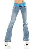 Damen Hüft Bootcut Jeans Hose Schlag Flarecut Stretch Denim Umschlagsaum Gürtel (as3, Alpha, x_s, Regular, Regular, Hellblau/381-16)
